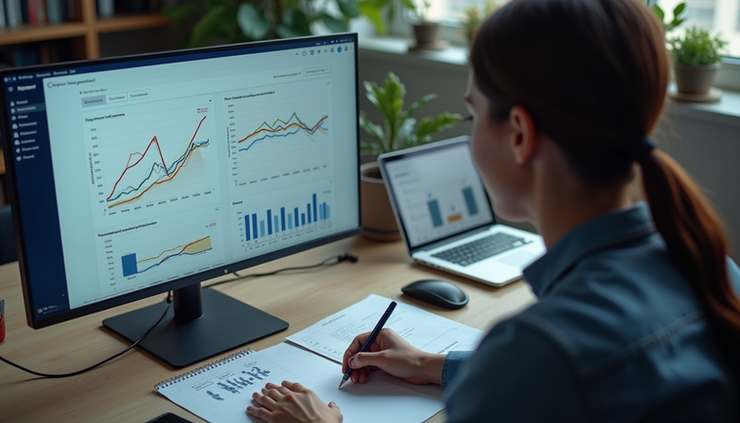 High angle view of a UX researcher analyzing task success rate data on a computer screen