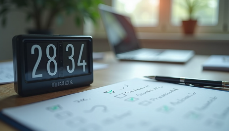 Close-up of a digital timer next to a checklist with completed tasks