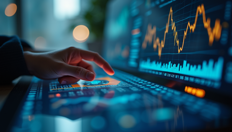 Eye-level view of a user interacting with a touchscreen interface displaying data charts