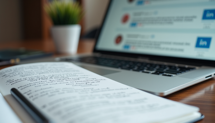 Close-up of a notebook with UX research notes and a laptop displaying LinkedIn skills endorsements