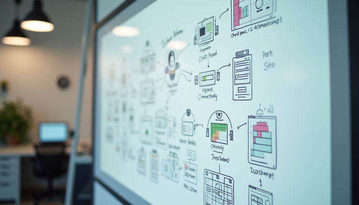 High angle view of a whiteboard with AI assistant workflow diagrams and notes