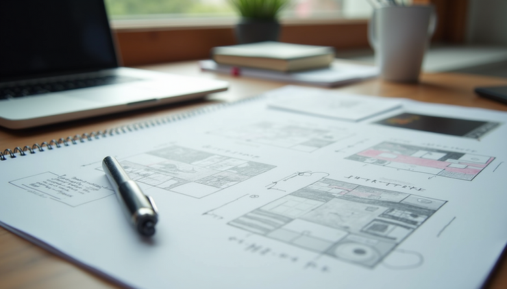 Eye-level view of a cluttered workspace with UX research notes and sketches