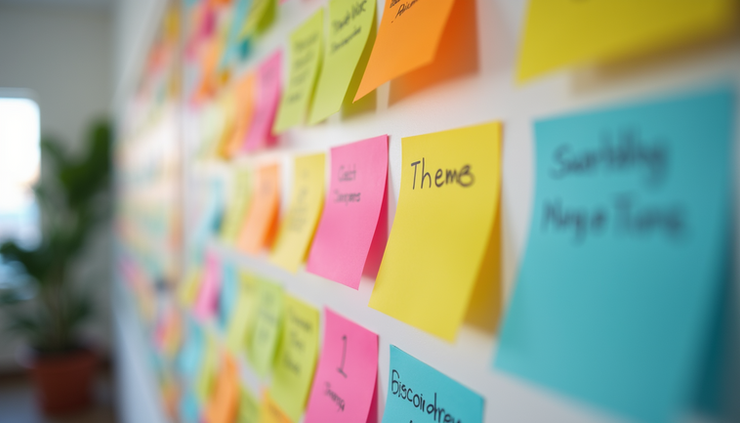 Eye-level view of a colorful affinity mapping board with clustered sticky notes