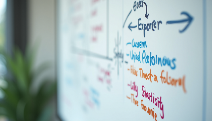 Close-up view of a user journey map with handwritten notes and arrows on a whiteboard