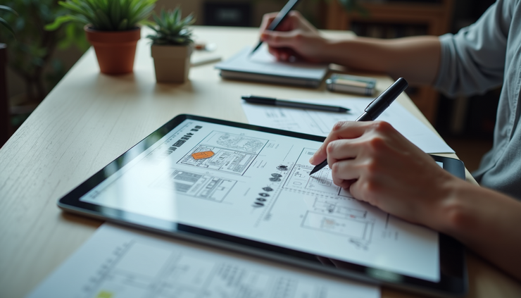 High angle view of a UX designer sketching ideas on paper with AI-generated suggestions on a tablet nearby