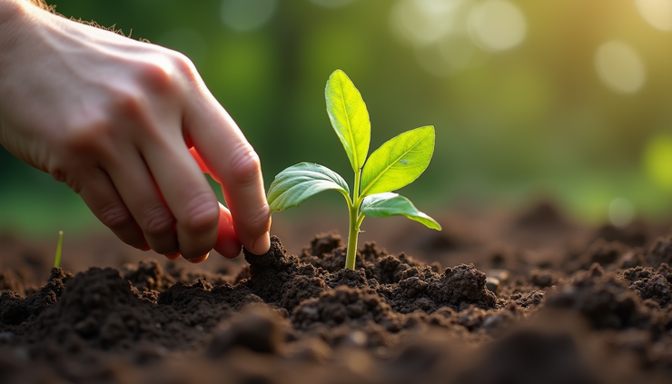 Close-up view of a hand planting a small tree seedling in soil representing growth and renewal