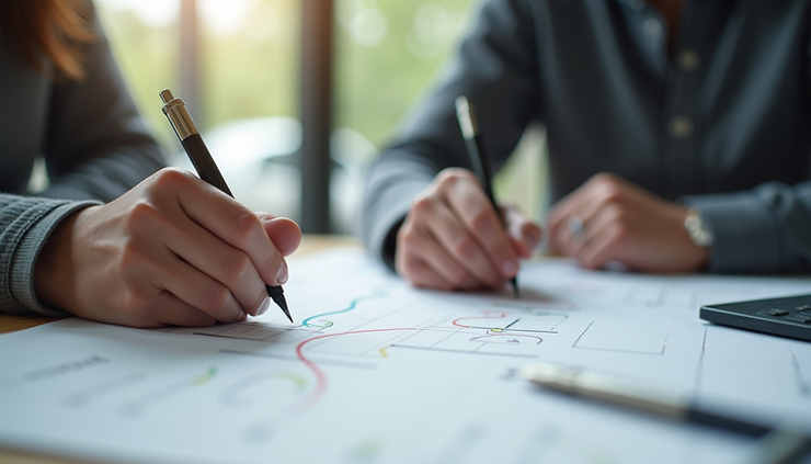 Eye-level view of a UX researcher sketching user journey maps on paper