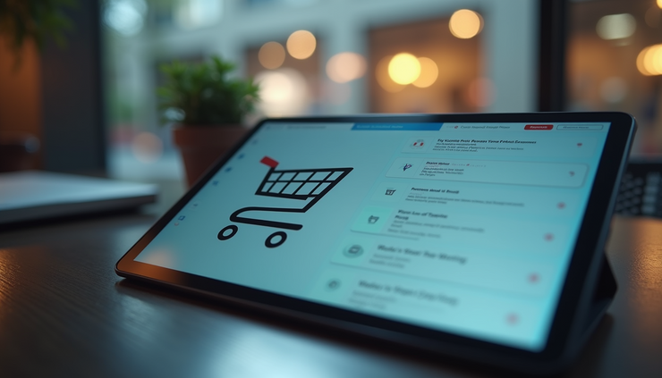 Close-up view of a tablet displaying a shopping cart interface with consistent design elements