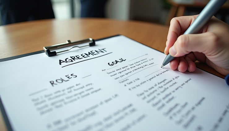 Close-up view of a handwritten team agreement outlining roles and goals on a wooden table