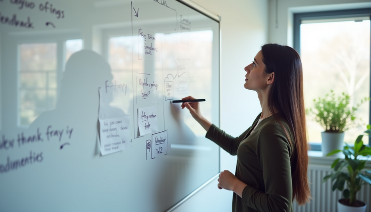 Eye-level view of a UX researcher analyzing user feedback notes on a whiteboard