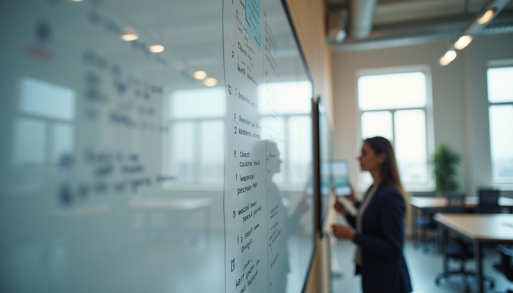 Eye-level view of a UX researcher analyzing user feedback notes on a whiteboard