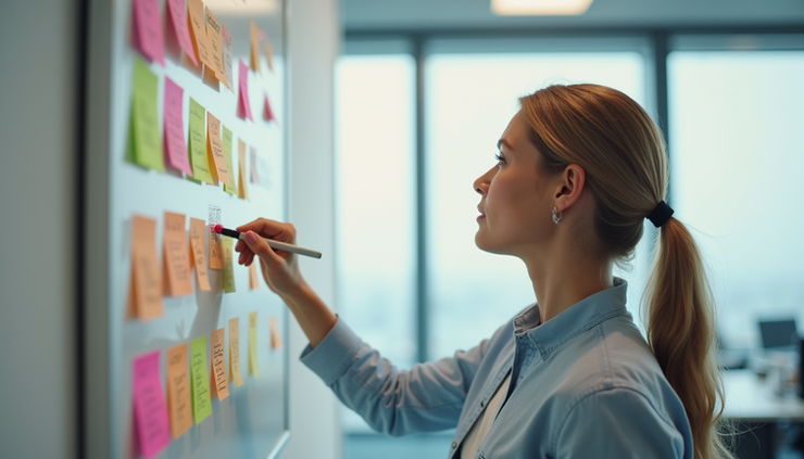 Eye-level view of a UX researcher organizing sticky notes on a whiteboard