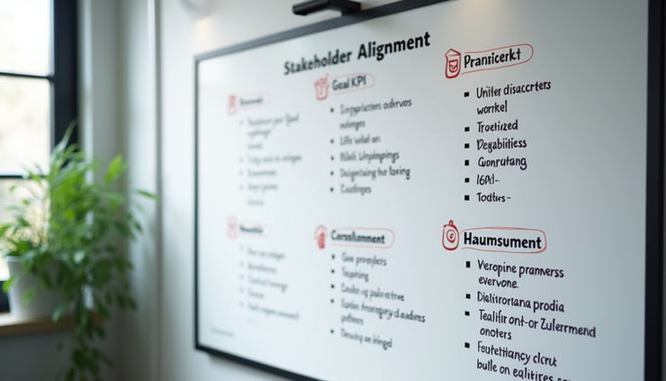High angle view of a whiteboard with a stakeholder alignment template filled with goals, KPIs, and success criteria