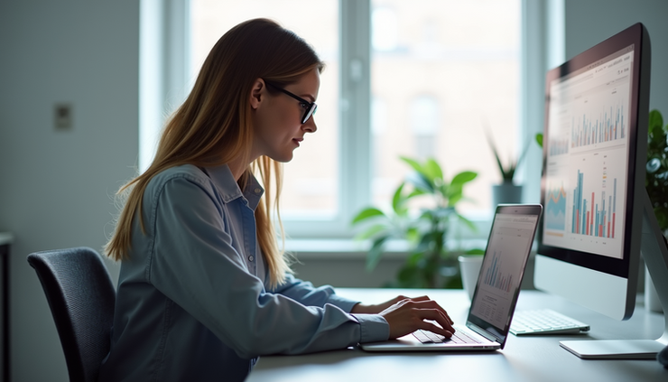 Eye-level view of a UX researcher analyzing user data on a laptop