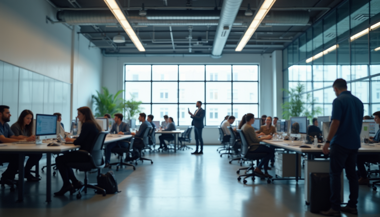 Eye-level view of a large open workspace with multiple research teams collaborating