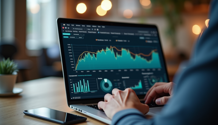 Eye-level view of a person analyzing data charts on a laptop screen