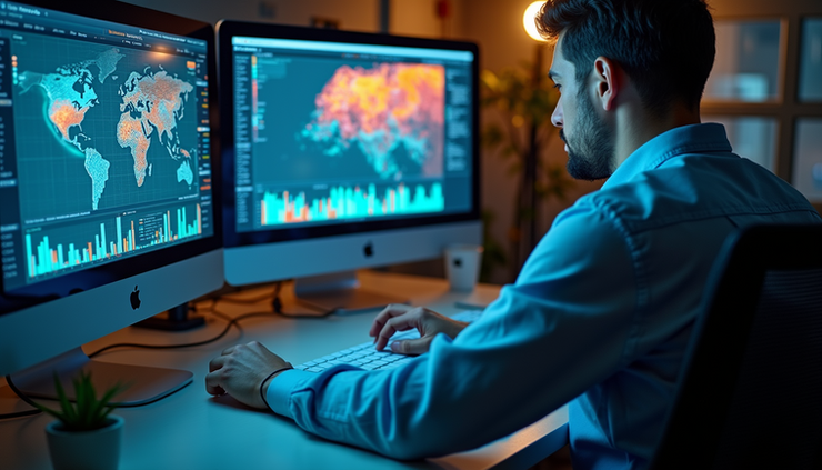 High angle view of a UX researcher analyzing AI-generated user behavior heatmaps