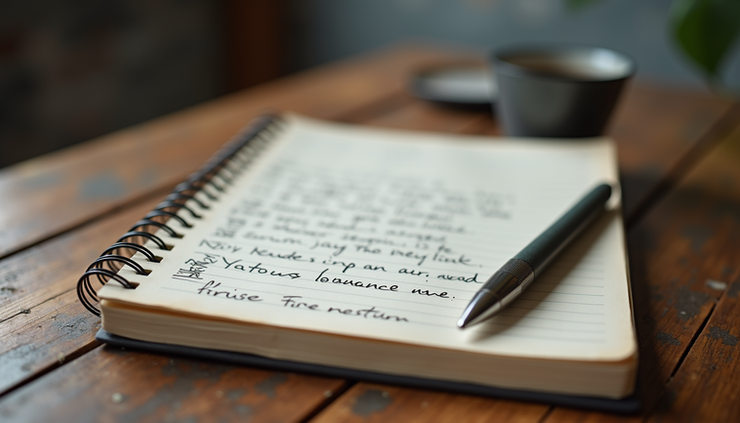 Close-up view of a notebook with handwritten notes and a pen on a wooden table