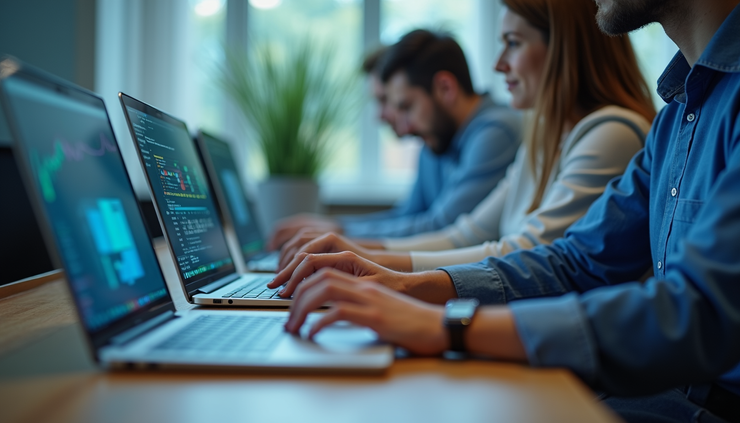 Close-up view of a training session with researchers learning AI software on laptops