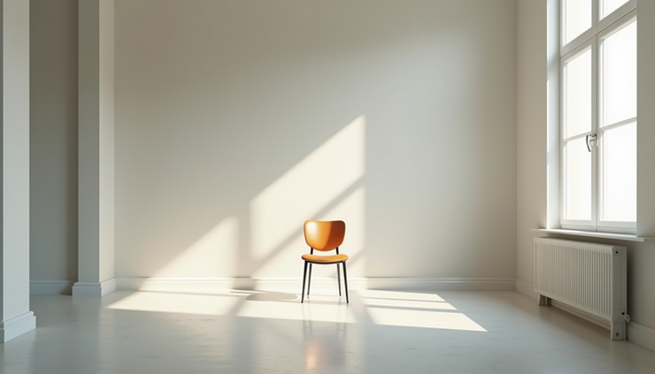Eye-level view of a single chair in an empty quiet room