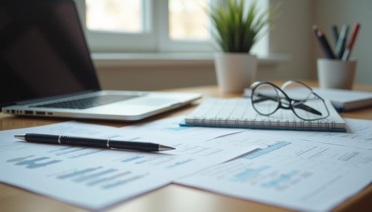 Eye-level view of a researcher’s desk with organized papers and a laptop displaying a research template