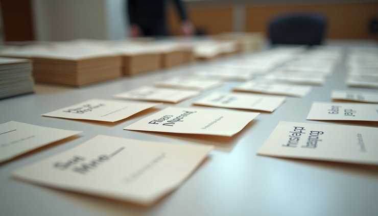 Close-up view of labeled cards sorted into predefined categories on a table