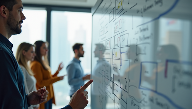Close-up view of a product team collaborating around a whiteboard with UX research notes