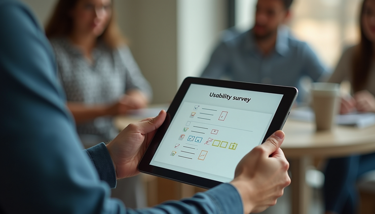 Eye-level view of a person filling out a usability survey on a tablet