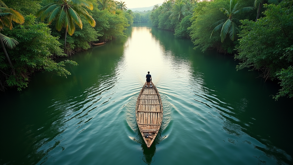 High angle view of bamboo raft gliding down a tropical river with green trees on both sides