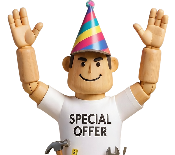 Firefly_Have the 3d man smiling withparty hat on and arms in the air, he has special offer