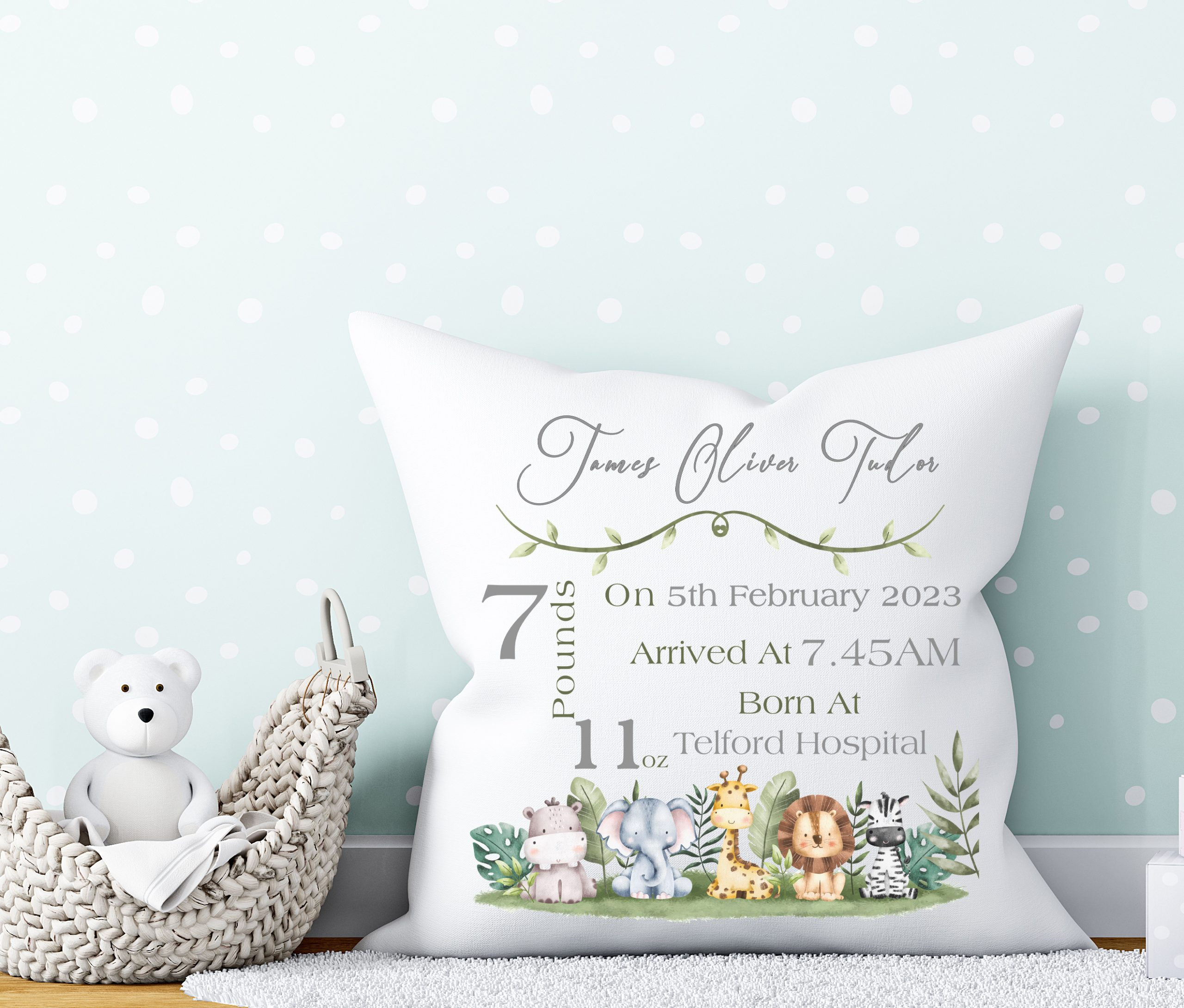 Personalised Jungle Birth Announcement Cushion