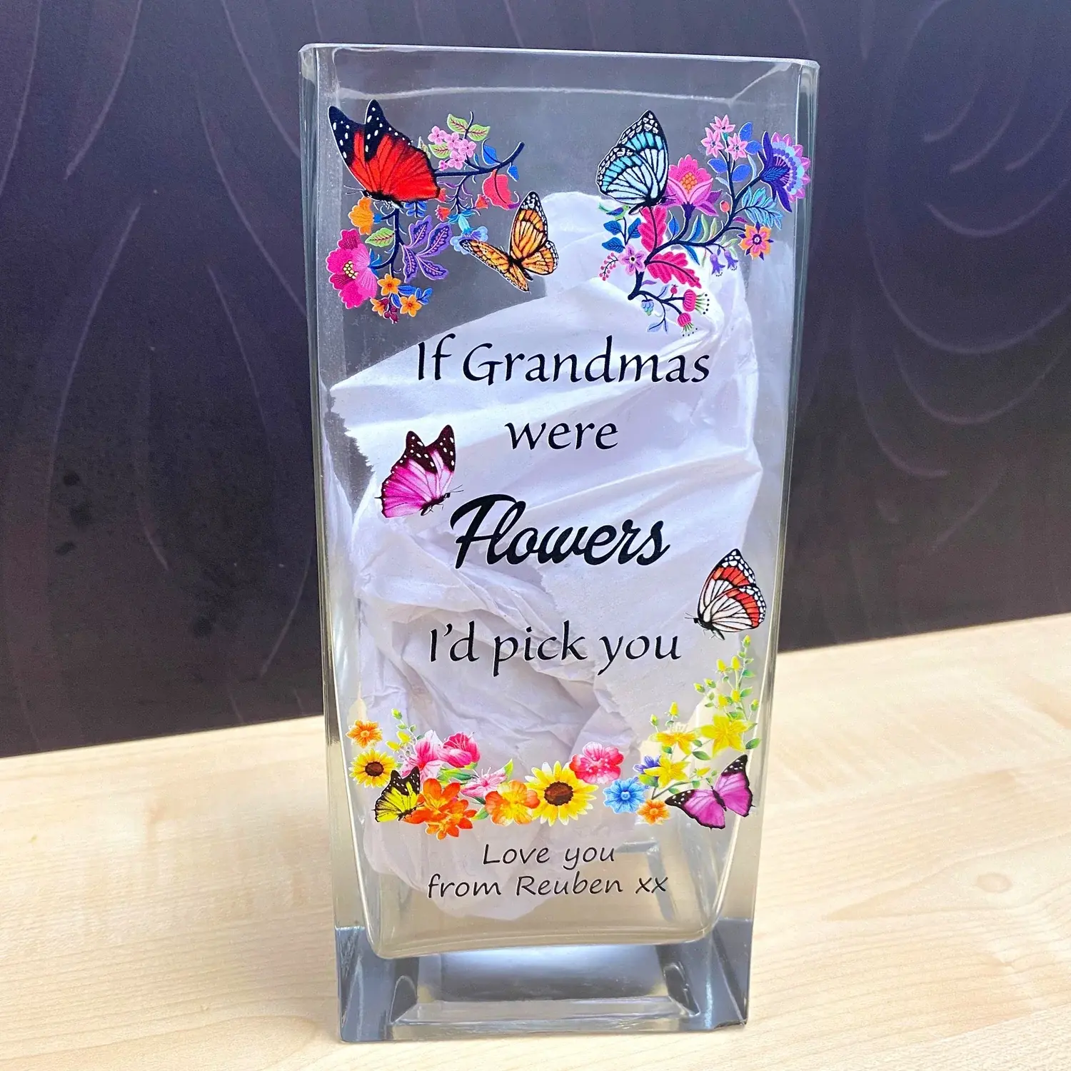 Personalised Flower & Butterflies Glass Vase