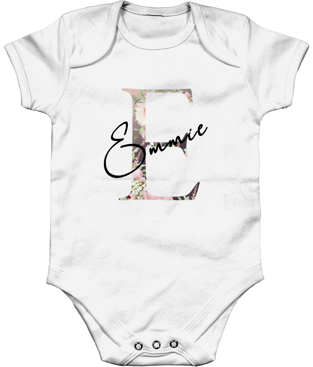 Floral Initial Short Sleeve Baby Bodysuit