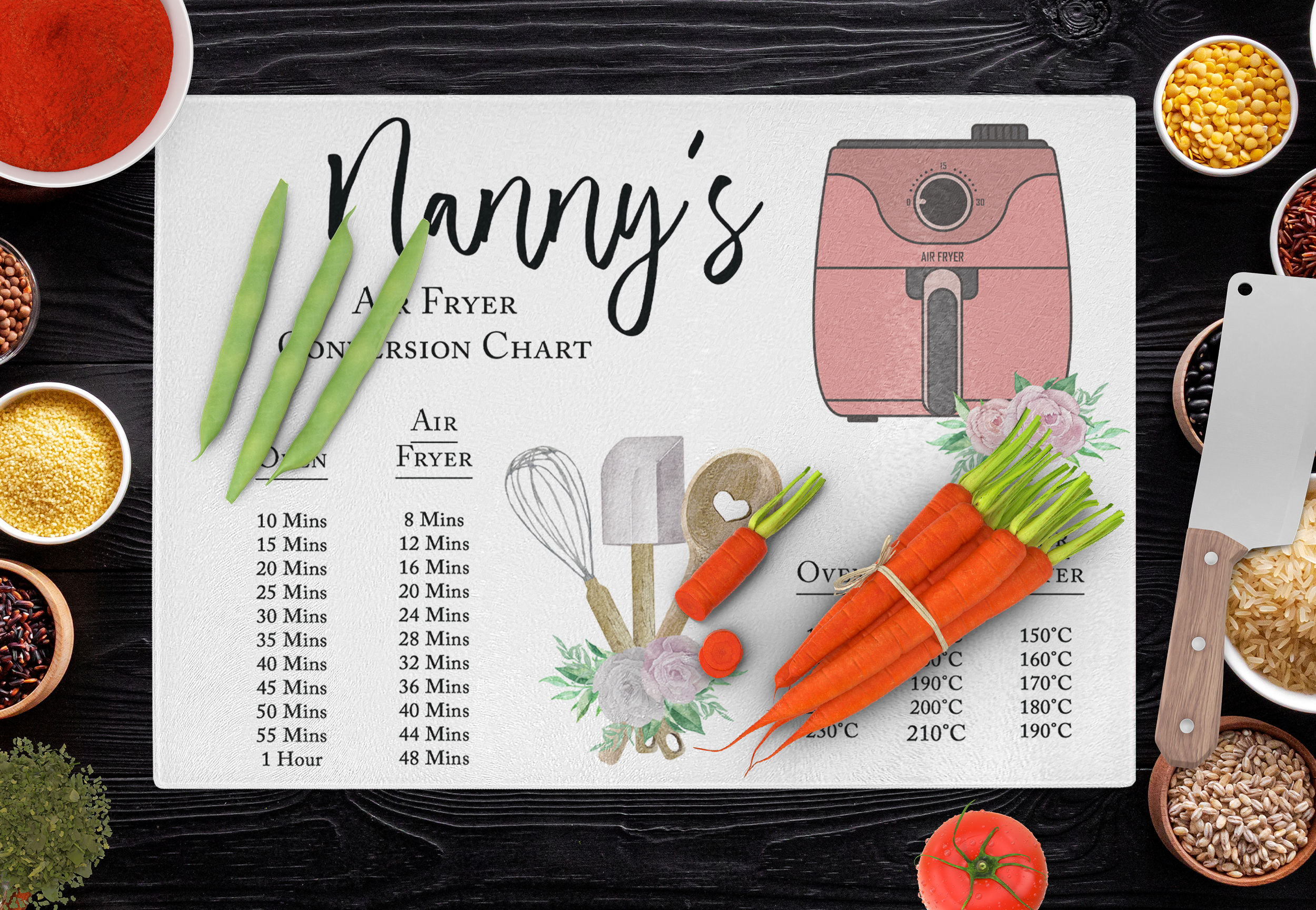 Personalised Air Fryer Conversion Chart Glass Chopping Board