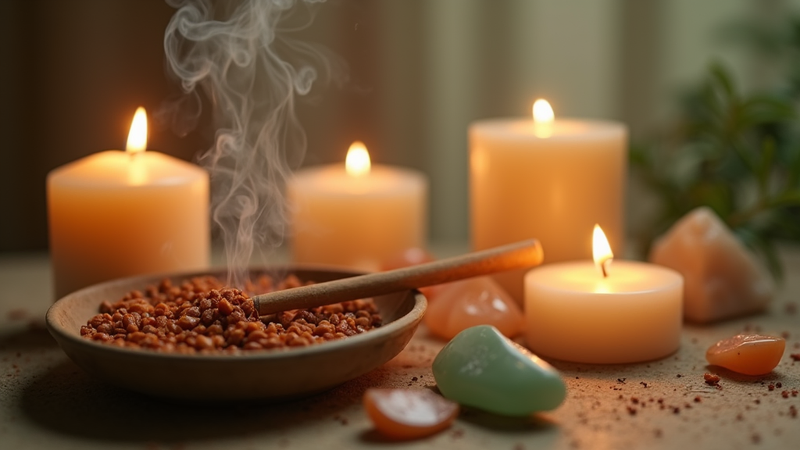 Sacred space with candles, smoking incense, and crystals