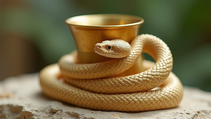 Golden snake coiled around a golden chalice