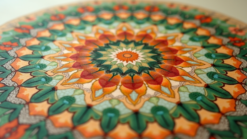 Intricate mandala pattern with orange, green, and red