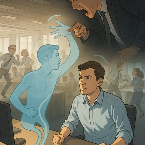 Un homme, assis à son bureau dans un open-space, se fait violemment interpeller par son supérieur. Avant même que l’adulte responsable ait pu réagir, c’est l’énergie insécurisée de son enfant intérieur qui prend le dessus.