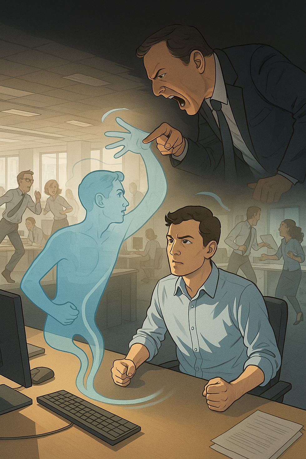Un homme, assis à son bureau dans un open-space, se fait violemment interpeller par son supérieur. Avant même que l’adulte responsable ait pu réagir, c’est l’énergie insécurisée de son enfant intérieur qui prend le dessus.