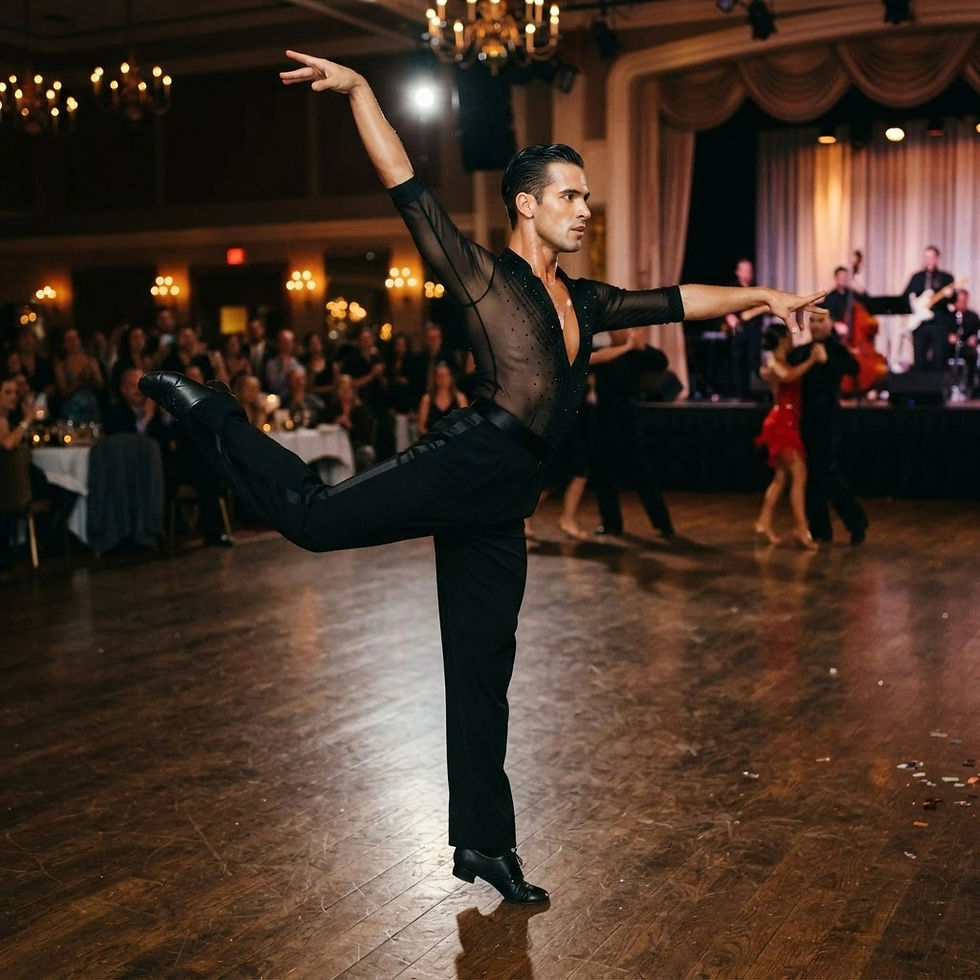 A male latin dancer balancing after a spin
