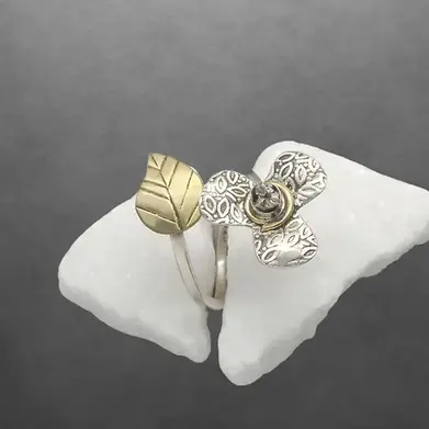 Meteorit Bronze Stein Gold Blatt Natur Blüte Ring ausgefallen Silber 925