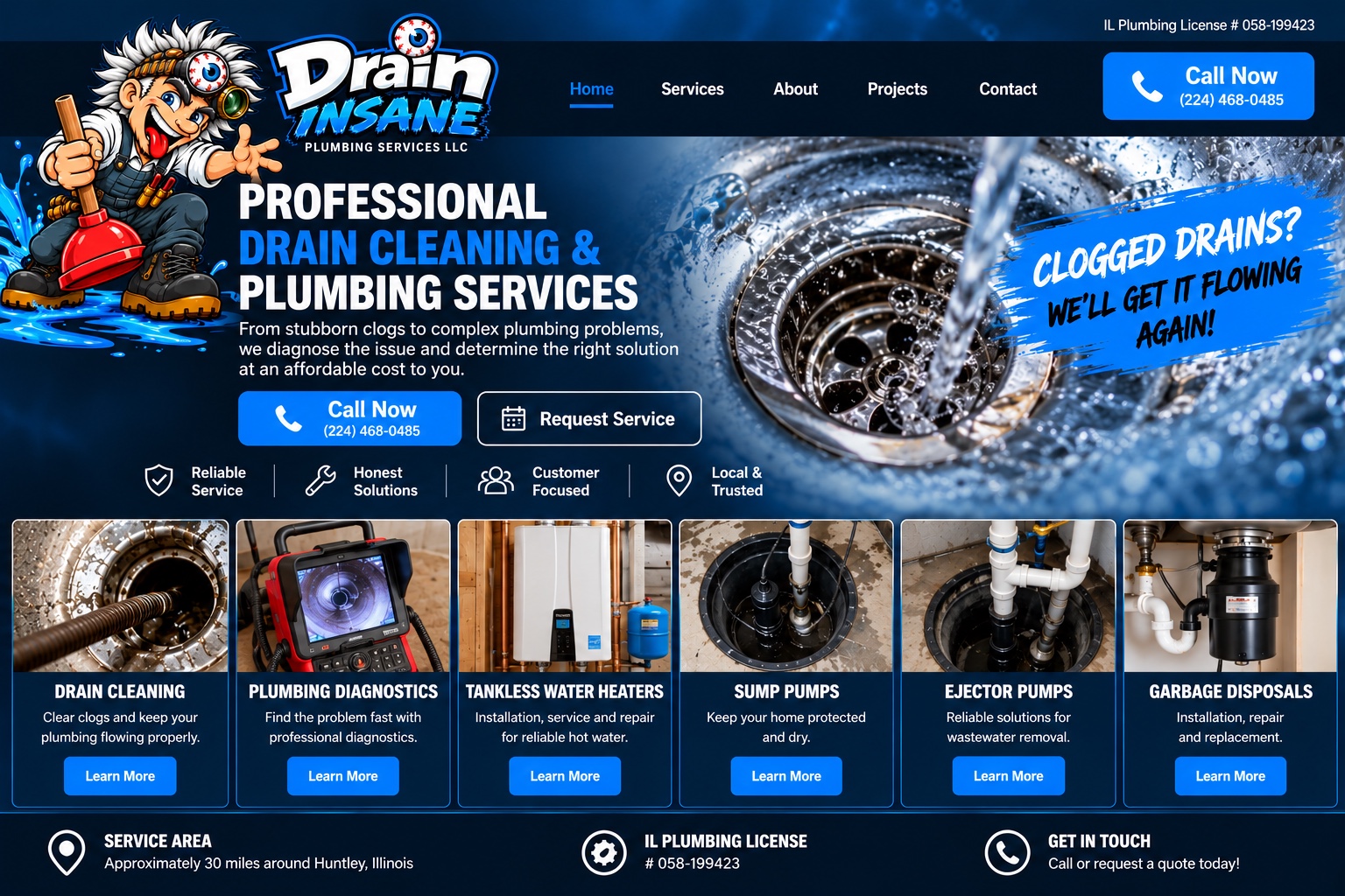 Drain Insane approved dashboard design with original mascot, drain cleaning hero, six photographic service cards and service contact details
