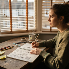 Woman sketching for stress relief at sunlit desk
