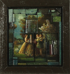 An acrylic painting on reclaimed canvas and wood, forming interlocking blocks in a collage painting of a group of people having a garden party.
