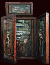 Multipanel acrylic painting by Alberta painter Steve Mitts. 6 panels explore themes of Grace, Charm, and Joy. The interlocking blocks of recycled grain silo wood add a unique exploration of art and texture.