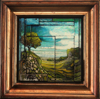 An acrylic landscape painting by Camrose painter Steve Mitts. A rolling pasture scene with gentle slopes, and a lone tree upon a hill. The interlocking blocks of recycled grain silo wood add a unique exploration of art and texture.