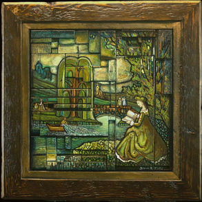 An acrylic painting by Camrose artist Steve Mitts. The scene shows a figure reading in front of a body of water with a large willow tree in the center.
The interlocking blocks of recycled grain silo wood add a unique exploration of art and texture.