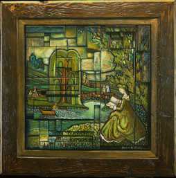 An acrylic painting by Camrose artist Steve Mitts. The scene shows a figure reading in front of a body of water with a large willow tree in the center.
The interlocking blocks of recycled grain silo wood add a unique exploration of art and texture.