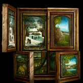 A collage of acrylic painting collages by Canadian painter Steve Mitts. This multi-framed piece explores multiple scenes that unfold into a larger, continuous narrative. The interlocking blocks of recycled grain silo wood add a unique exploration of art and texture.