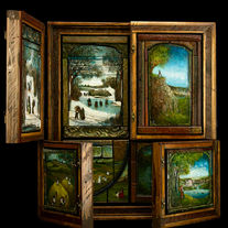 A collage of acrylic painting collages by Canadian painter Steve Mitts. This multi-framed piece explores multiple scenes that unfold into a larger, continuous narrative. The interlocking blocks of recycled grain silo wood add a unique exploration of art and texture.